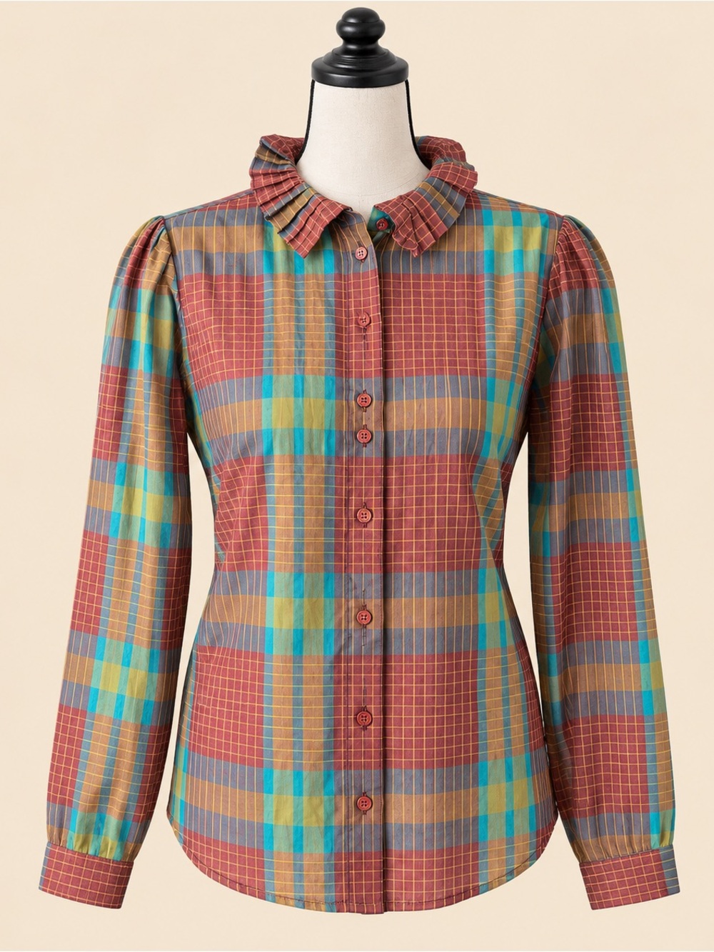 80s Vintage Ruffle Plaid Button Down Blouse M